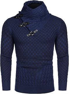COOFANDY Suéter de punto de cuello alto de los hombres de manga larga slim fit diseñador chal cuello jersey, Azul marino, X-Large