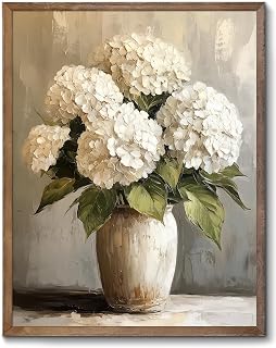XOCUUI White Hydrangea Wall Art Vintage Decor Hydrangea Floral Pictures Bathroom Wall Decor Aesthetic Living Room Bedroom Retro Home Decor 8X