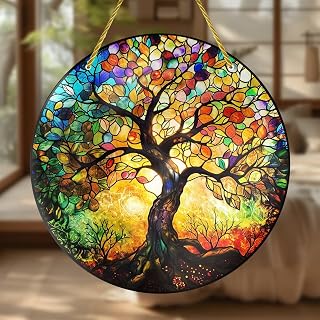 Colorful Acrylic Dream Catcher, Tree of Life, 7" Window Hanging Decor with Printed Stained Glass Design, Great for Gift and Garden Ornament, Indoor and Outdoor Use
