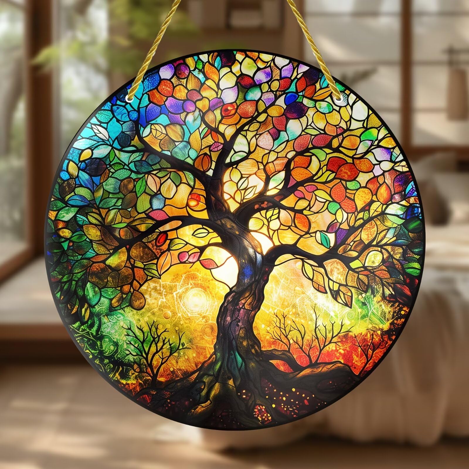 Colorful Acrylic Dream Catcher, Tree of Life, 7" Window Hanging Decor with Print