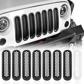 Hooke Road Matte Black Grill Inserts Front Mesh Grille Cover for 2007-2015 Jeep JK Wrangler &amp; Unlimited Wrangler Accessories (7PCS Black + 1PCS White)