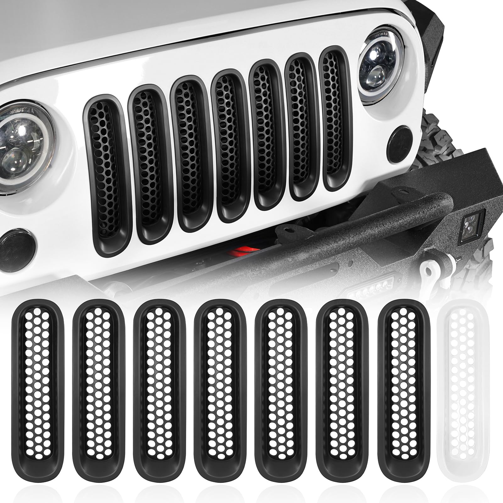 Hooke Road Matte Black Grill Inserts Front Mesh Grille Cover for 2007-2015 Jeep 