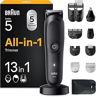 Braun Series 5 All-in-One Grooming Kit for Men, Black, 13-in-1, AIO5565 | Beard, Hair & Body Trimmer, Ultra Sharp Blade, SkinGuard, AquaGrip, Waterproof, 120-Min Runtime