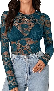 LYANER Sexy Women Mesh Floral Long Sleeve Sheer Lace Blouse