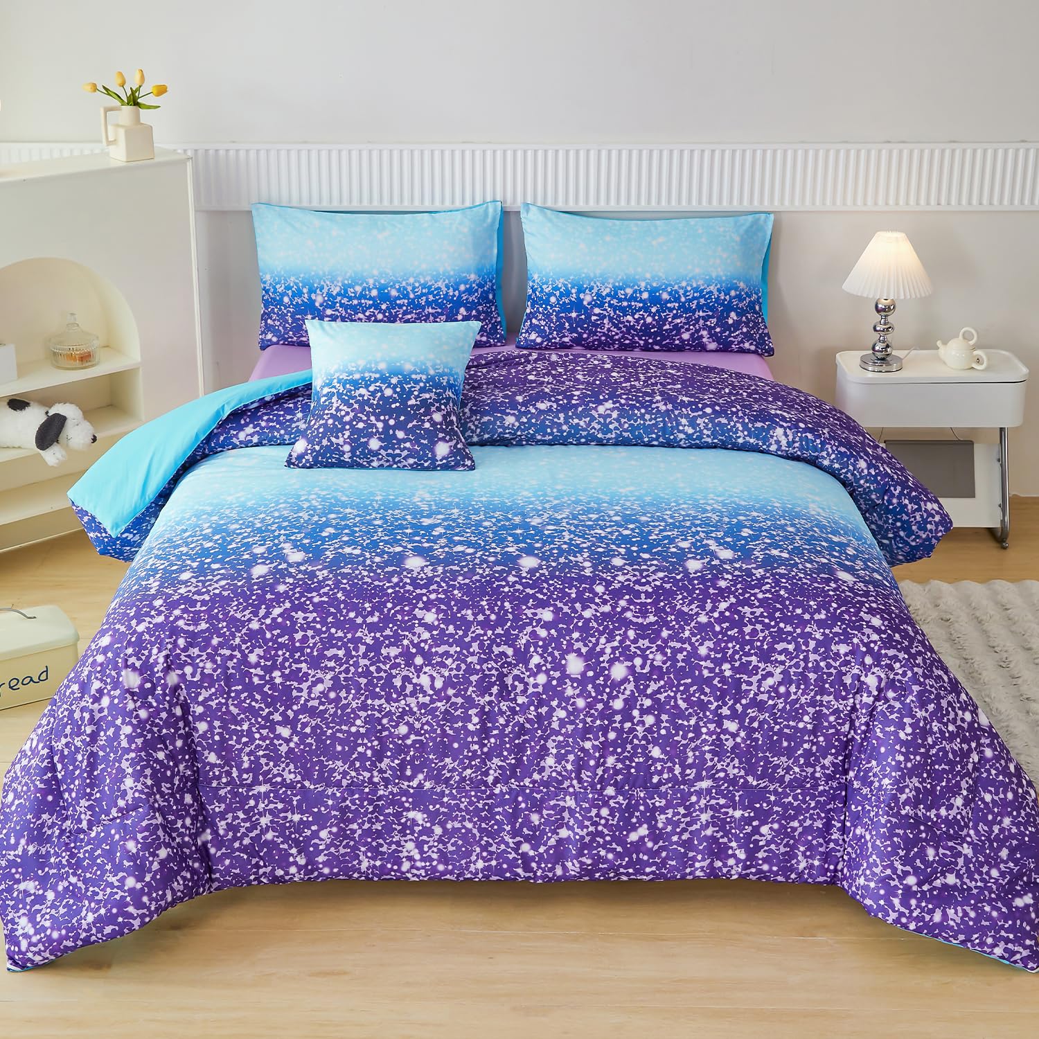 PERFEMET Girls Bed in A Bag Full Size 6 Pieces Blue Purple Rainbow Bedding Comfo