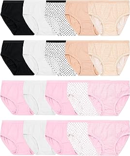 Fruit of the Loom Girls' Cotton Brief Underwear Multipacks | Soft durable cotton, low-rise brief with fabric-covered leg bands and a plush back waistband; ten pairs.