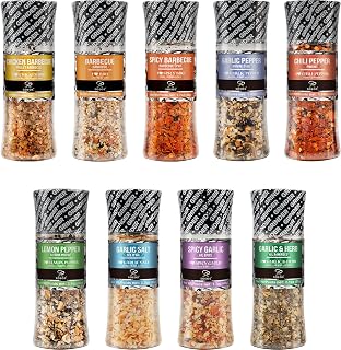 Soeos Spice Grinder Set of 9, Pure Fresh BBQ Seasoning for Grilling, Adjustable Pepper Mill with Refillable Glass Bottles