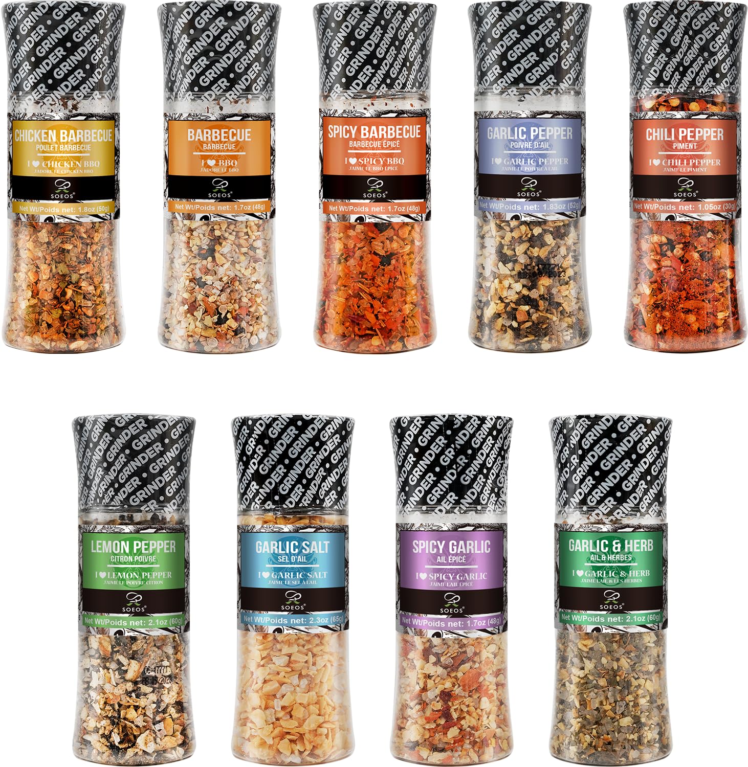 Soeos Spice Grinder Set of 9, Pure Fresh BBQ Seasoning for Grilling, Adjustable 