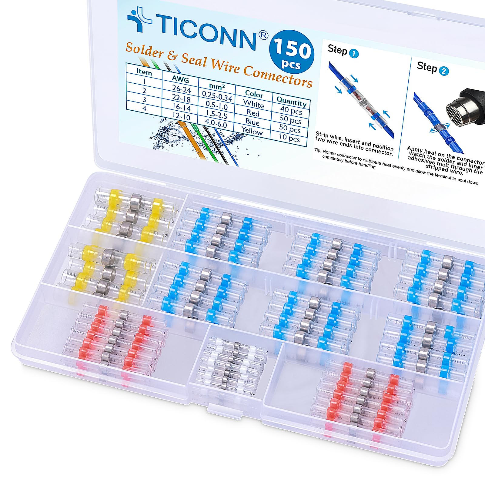 TICONN 150 Pcs Solder Seal Wire Connectors, Heat Shrink Butt Splice | Waterproof