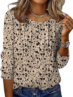 Zeagoo 3/4 Sleeve Women Tops Round Neck Casual Summer Tunic Tops Basic Tees Blouses Elegant Pleated T-Shirts