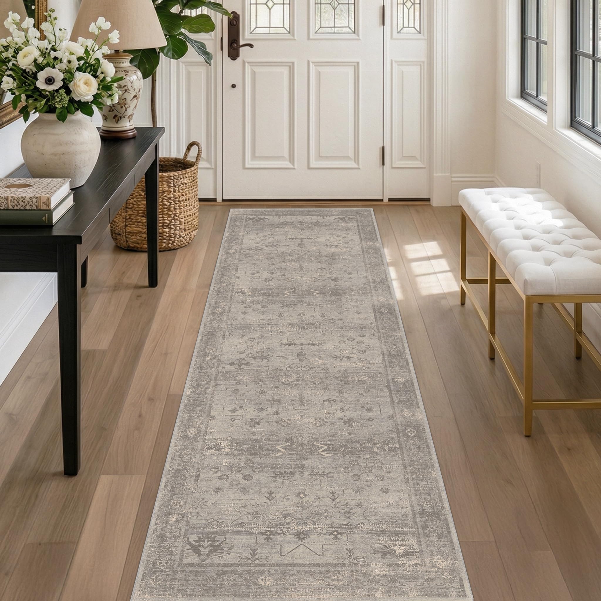 2'6" x 8' Washable Hallway Runner Rug, Stone Greige Long Runner for Kitchen, Ent