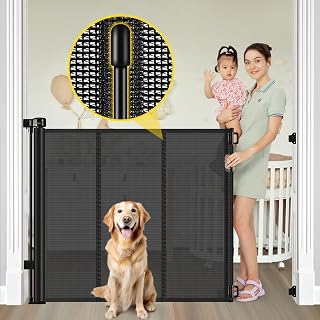 Reinforced 42" Extra Tall Retractable Baby Gates, Extends up to 60" Wide | Mesh Dog Gate for Doorways & Stairs, Space-Saving, Double Lock Pet Safety Gate for Indoor & Outdoor, Black
