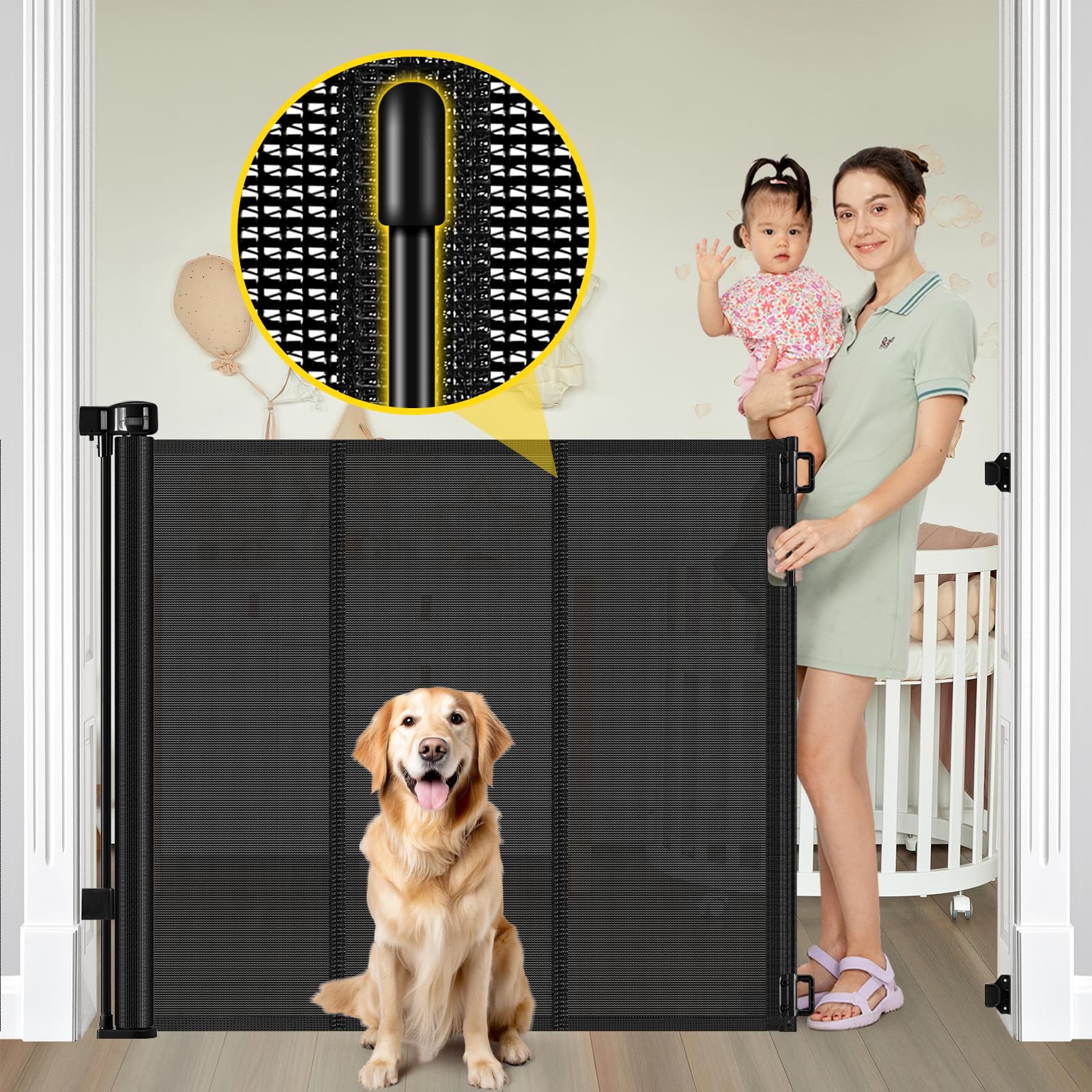 Reinforced 42" Extra Tall Retractable Baby Gates, Extends up to 60" Wide | Mesh 