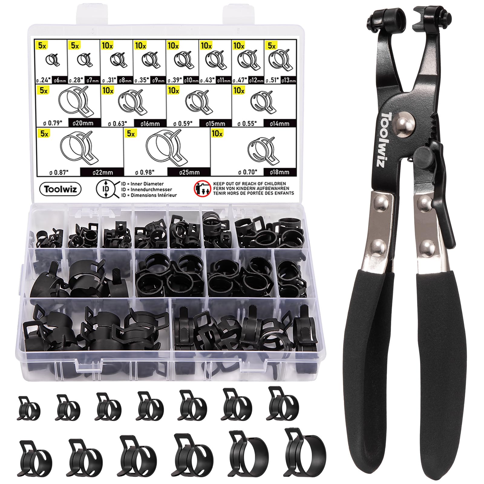 Toolwiz 120Pcs 6-25mm Spring Band Hose Clamps Assortment with Clamp Plier