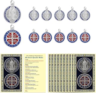Rlcvecv 10 Pcs St Benedict Medal with Holy Cards Set,Saint Benedict Metal Pendant for Necklace Bracelet Keychain Rosary,Medalla de San Benito Religious Medals Catholic