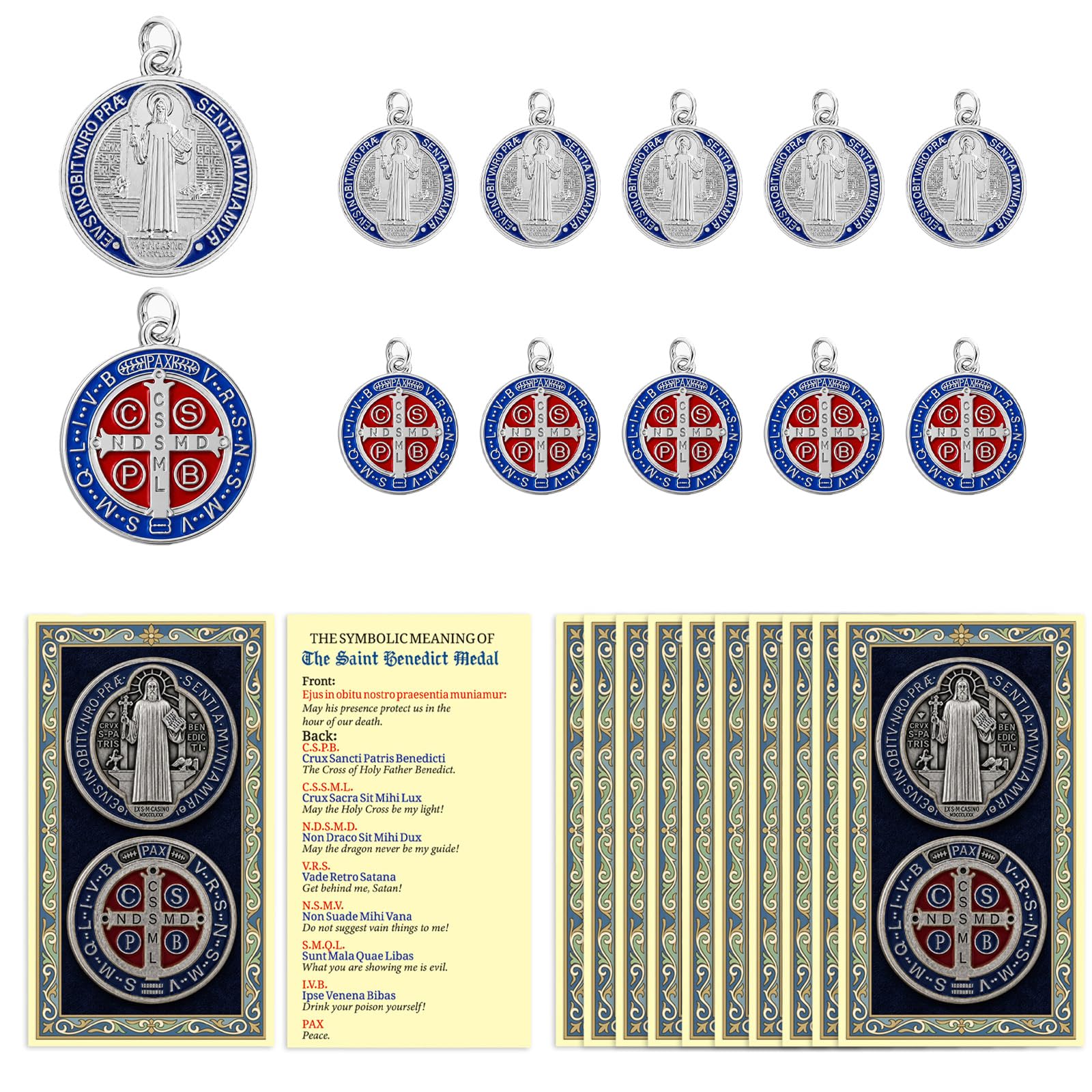 Rlcvecv 10 Pcs St Benedict Medal with Holy Cards Set,Saint Benedict Metal Pendan