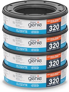 Diaper Genie Essentials Round Refill 4-Pack, Unscented, Fits Complete Pails | Continuous multi-layer refill film with odor-locking technology helps contain odors and holds up to 1,280 newborn diapers.