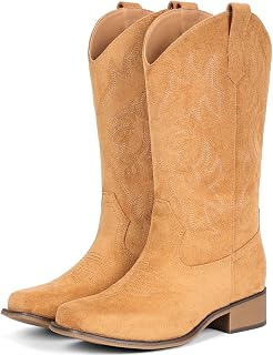 IUV Cowboy Boots For Women Square Toe Wide Suede Western Mid Calf Cowgirl Boot
