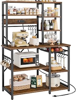SUPERJARE Large Bakers Rack with Power Outlets, 39.6 Inches Microwave Stand | Coffee Bar with 6-Tier Storage, 12 S-Shaped Hooks, Kitchen Shelf with Wire Basket, Rustic Brown