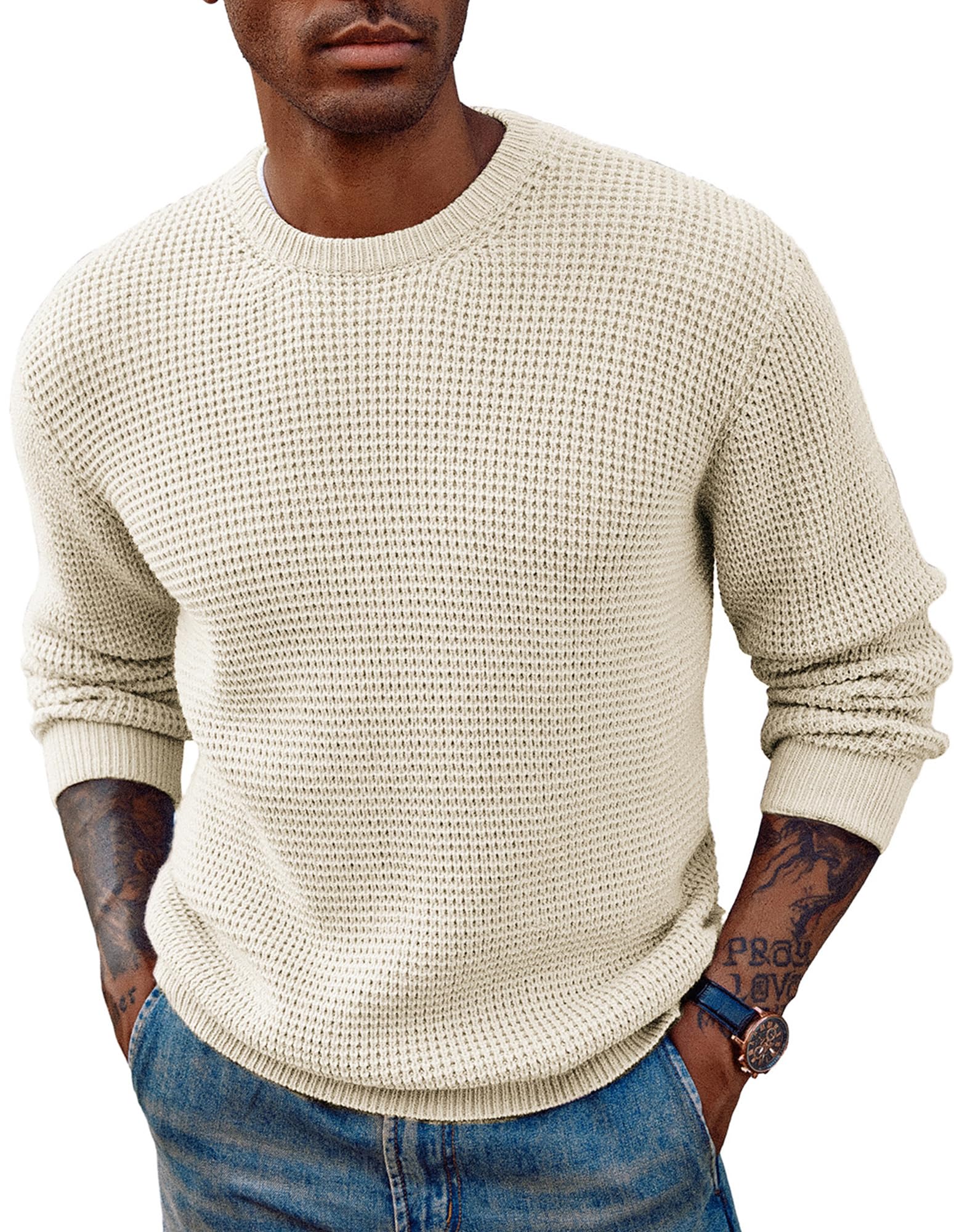 PJ PAUL JONES Mens Waffle Knit Sweaters Casual Crewneck Pullover Sweaters