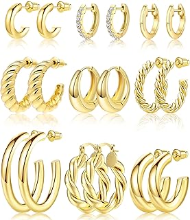 Adoyi 9 Pairs Gold Hoop Earrings Set for Womens Twisted Huggie Hoops Earrings 14K 18K Gold Plated for Valentines Mother's Day Birthday Gifts Lightweight