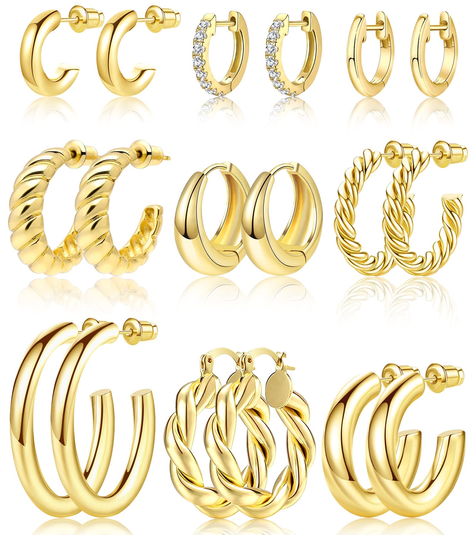 Adoyi 9 Pairs Gold Hoop Earrings Set for Womens Twisted Huggie Hoops Earrings 14