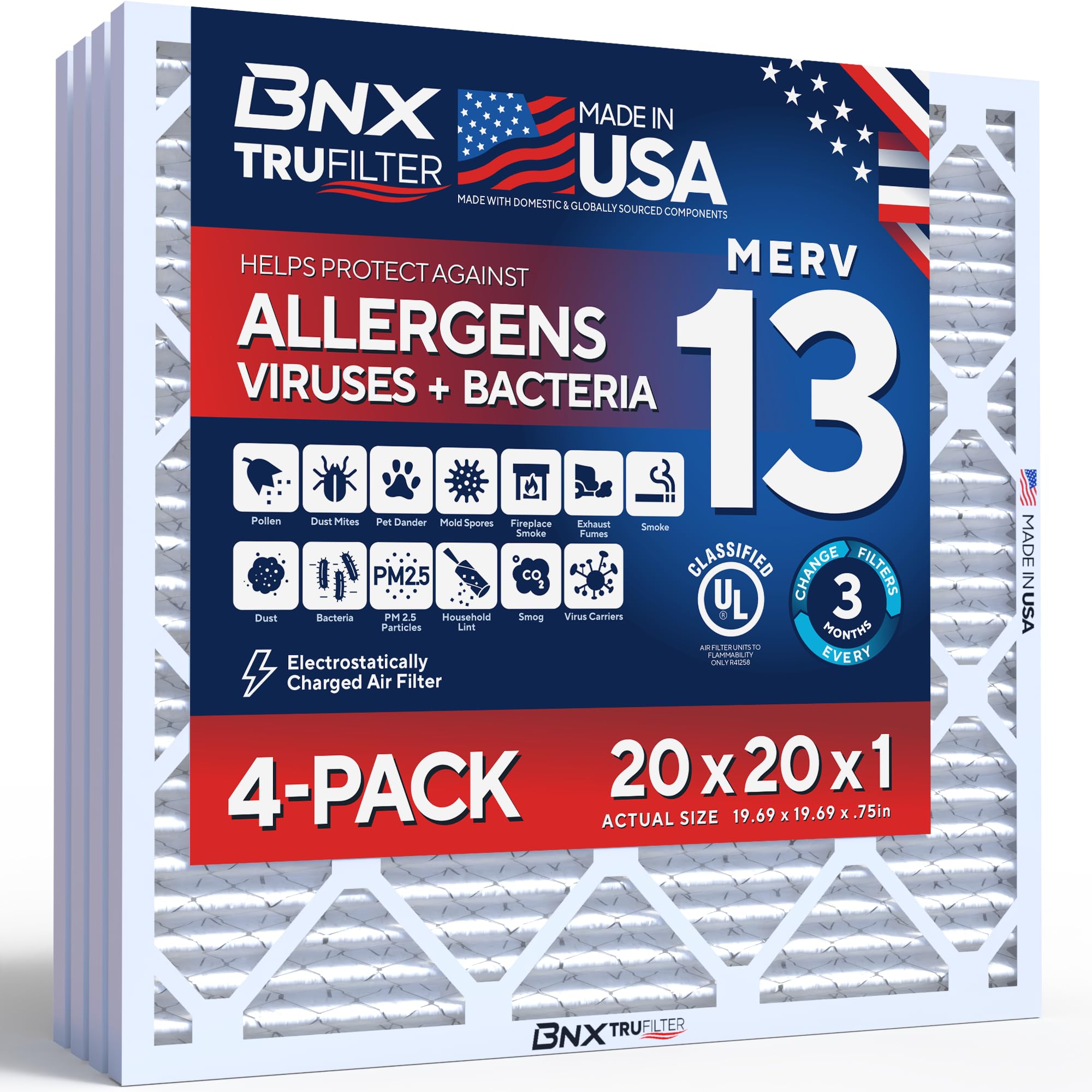 BNX TruFilter 20x20x1 Air Filter MERV 13 Smoke, Allergy, Pet Defense 4-Pack | Ac