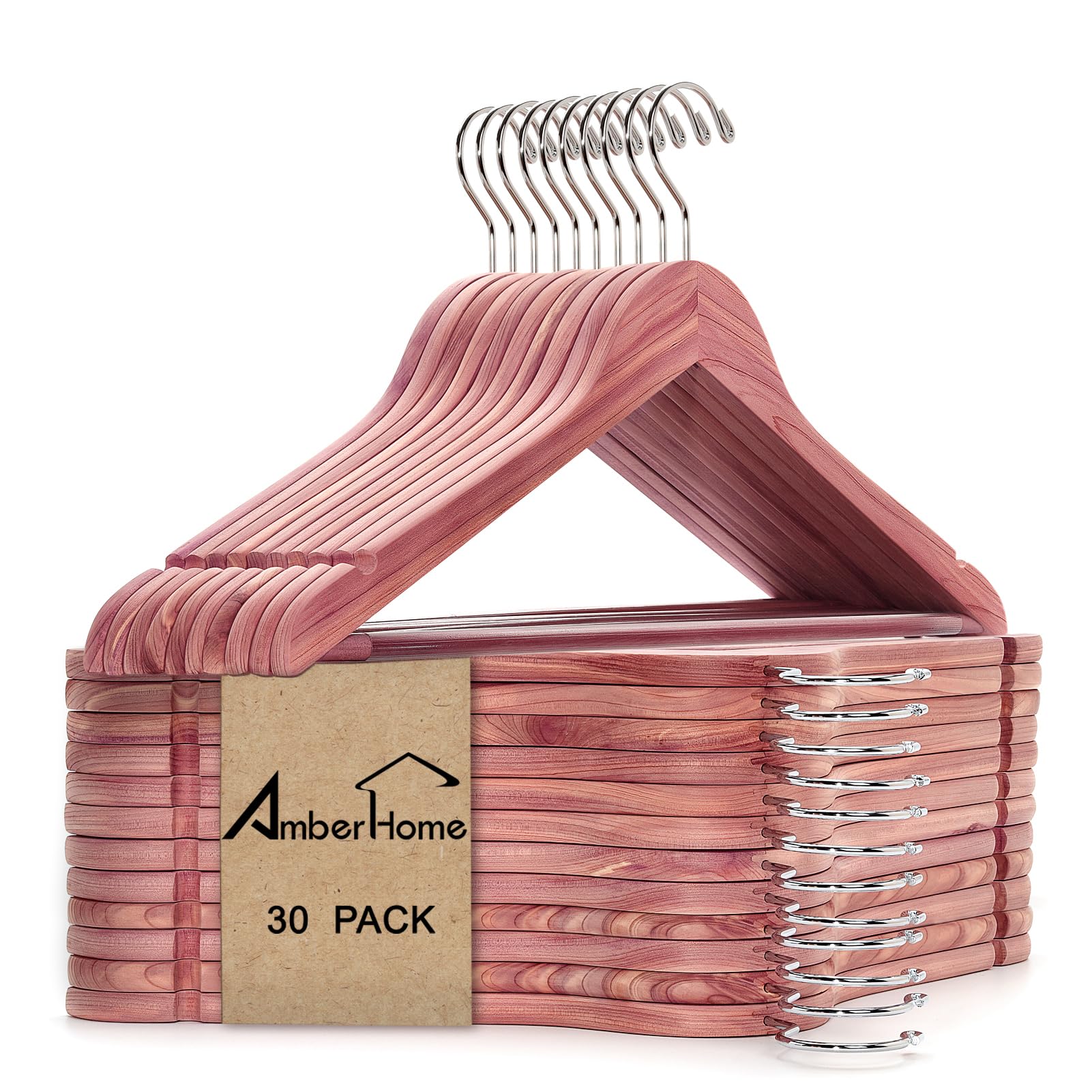 Amber Home Pack of 30 Natural Red Cedar Wood Coat Hangers for Wardrobe
