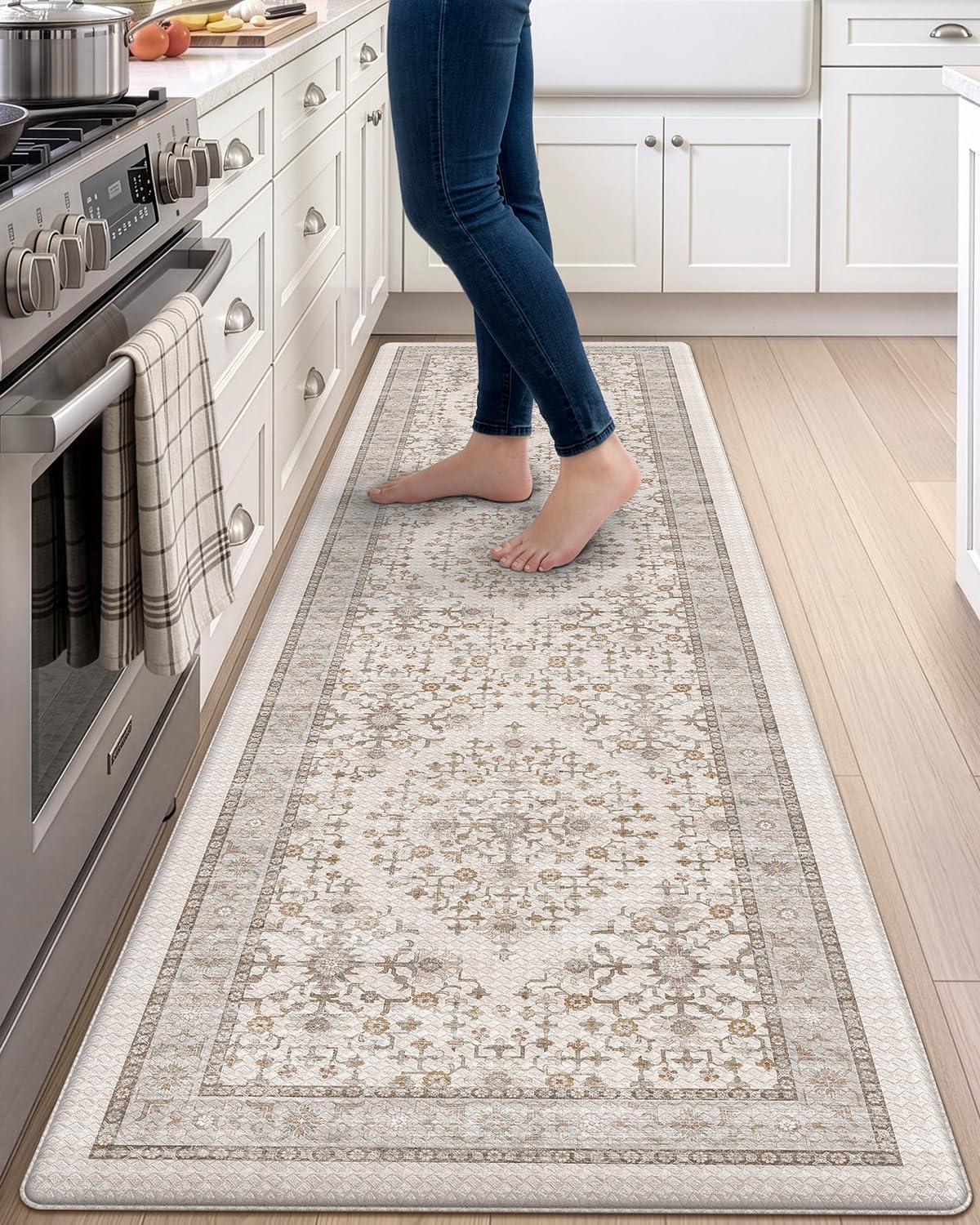 DEXI Kitchen Floor Mats Cushioned Anti Fatigue Runner Rug, 24x87 | Beige/White S