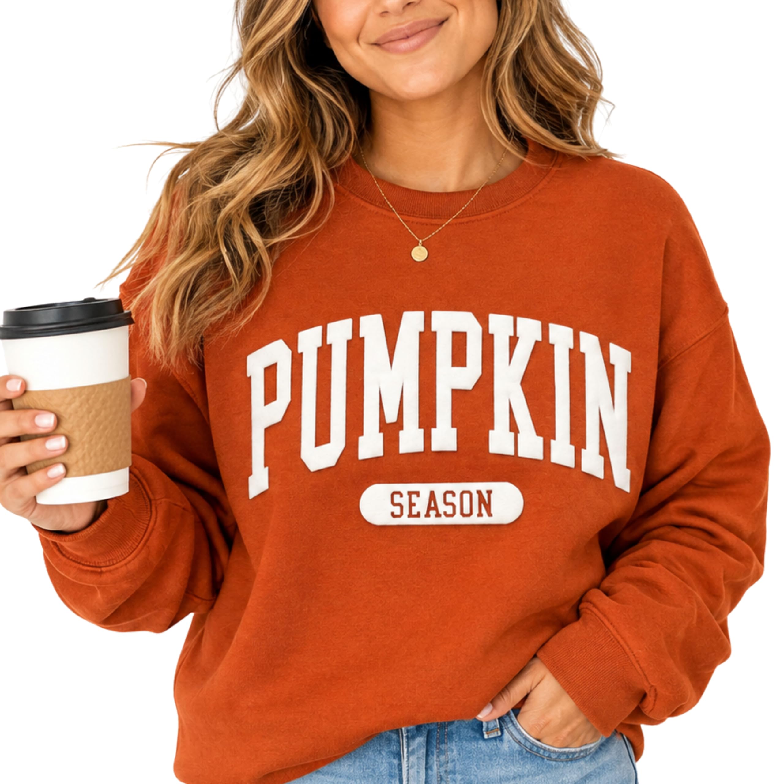 Up2ournecksinfabric, Embossed Pumpkin Season Sweatshirt for Women, Fall Crewneck