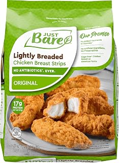 Just Bare Lightly Breaded Chicken Breast Strips | Fully Cooked | 16G Protein |Frozen | 1.50 LB