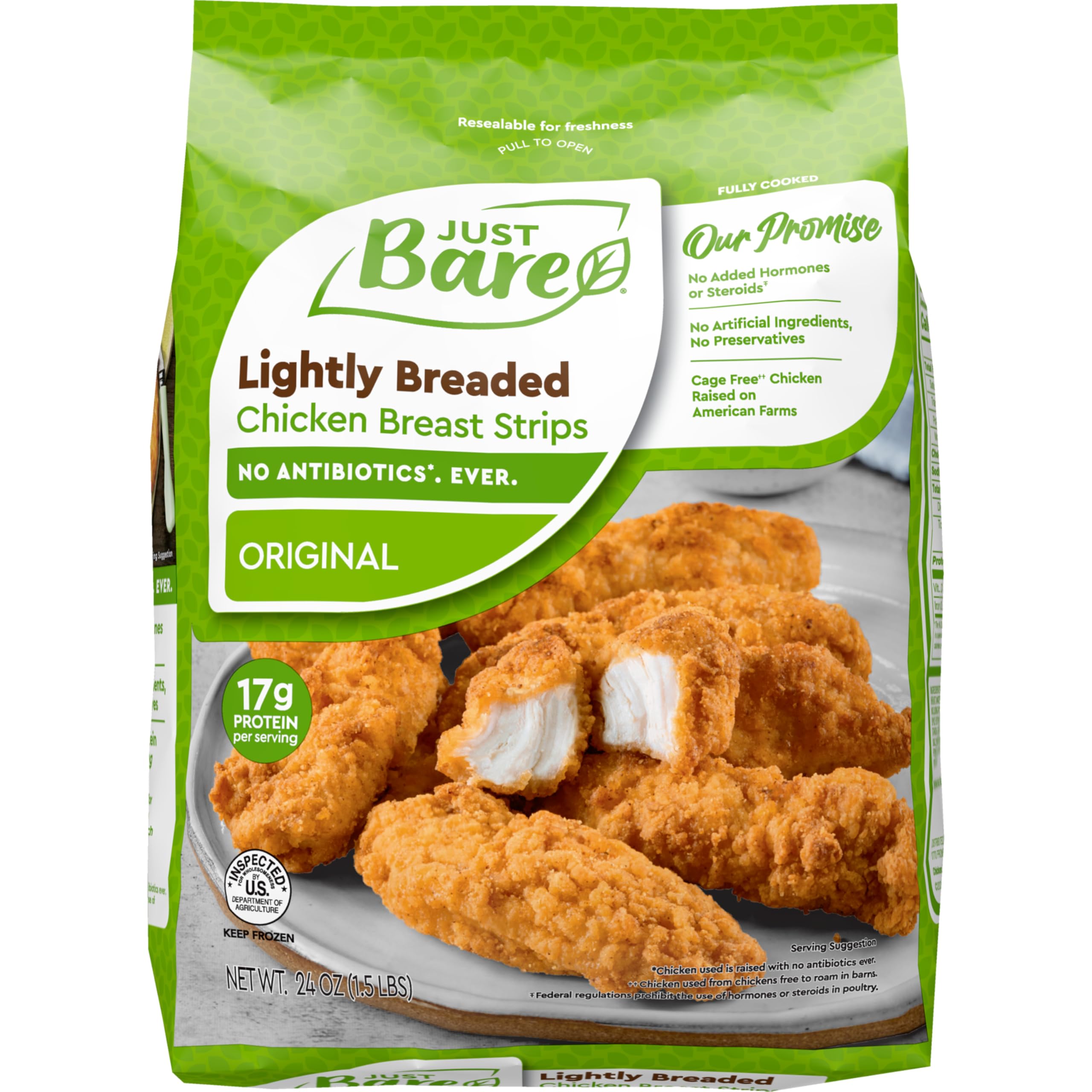 Just Bare Lightly Breaded Chicken Breast Strips | Fully Cooked | 16G Protein |Fr