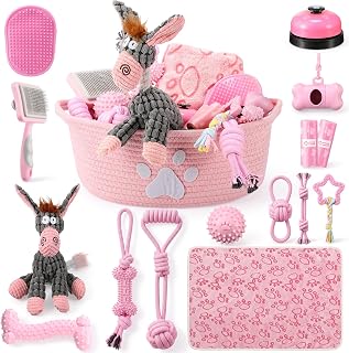 Zopeal 17 Pcs Puppy Gift Set, Dog Toy & Essentials Bundle, Pink, Donkey | with Chew Toys, Poop Bag Dispenser, Grooming Brush, Training Bell, Blanket & Rope Basket