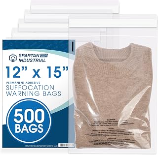 12" X 15" (500 Count) Self Seal Clear Poly Bags with Suffocation Warning | for Packaging, Clothes - Permanent Adhesive - Spartan Industrial
