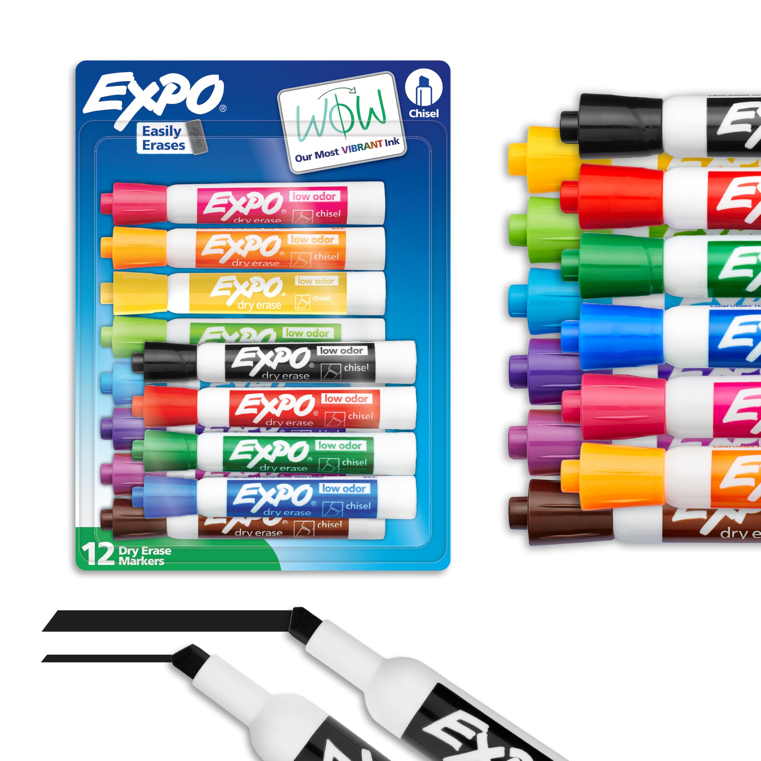 EXPO Dry Erase Markers, Low Odor Ink, Assorted Colors, Chisel Tip, 12 Count