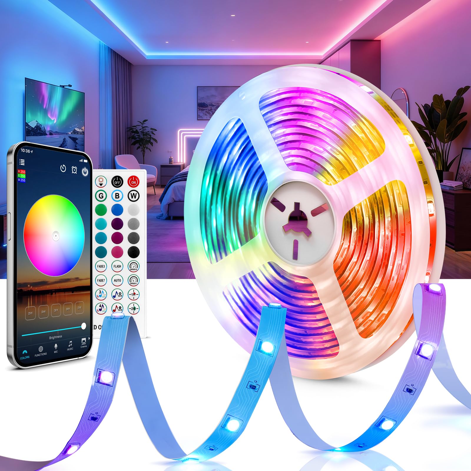 Beaeet 5m 24V RGB LED Strip, LED Strip Bedroom with Remote Control & Bluetooth A