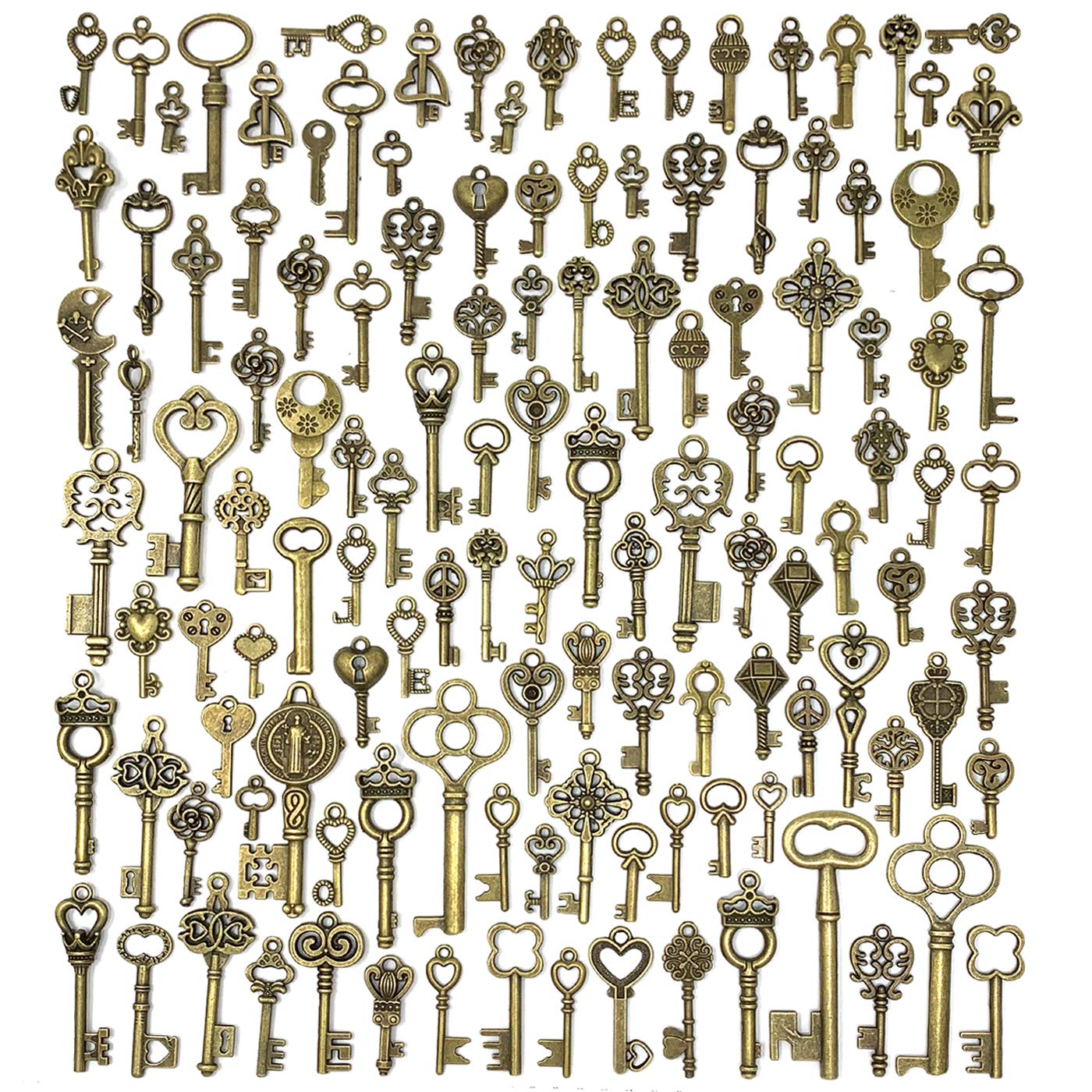 125 PCS Vintage Skeleton Key Set Charms, JIALEEY Mixed Antique Style Bronze Bras