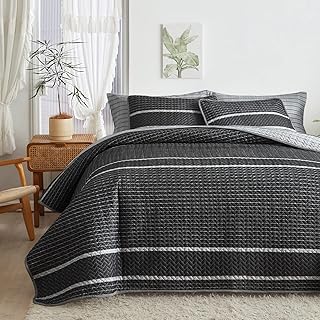 Flysheep Dark Grey Boho Quilt Set Full Queen Size, 3 Pcs White Striped on Gray Reversible Bedspread, Brushed Microfiber Coverlet for All Season, 1 Quilt + 2 Pillow Shams