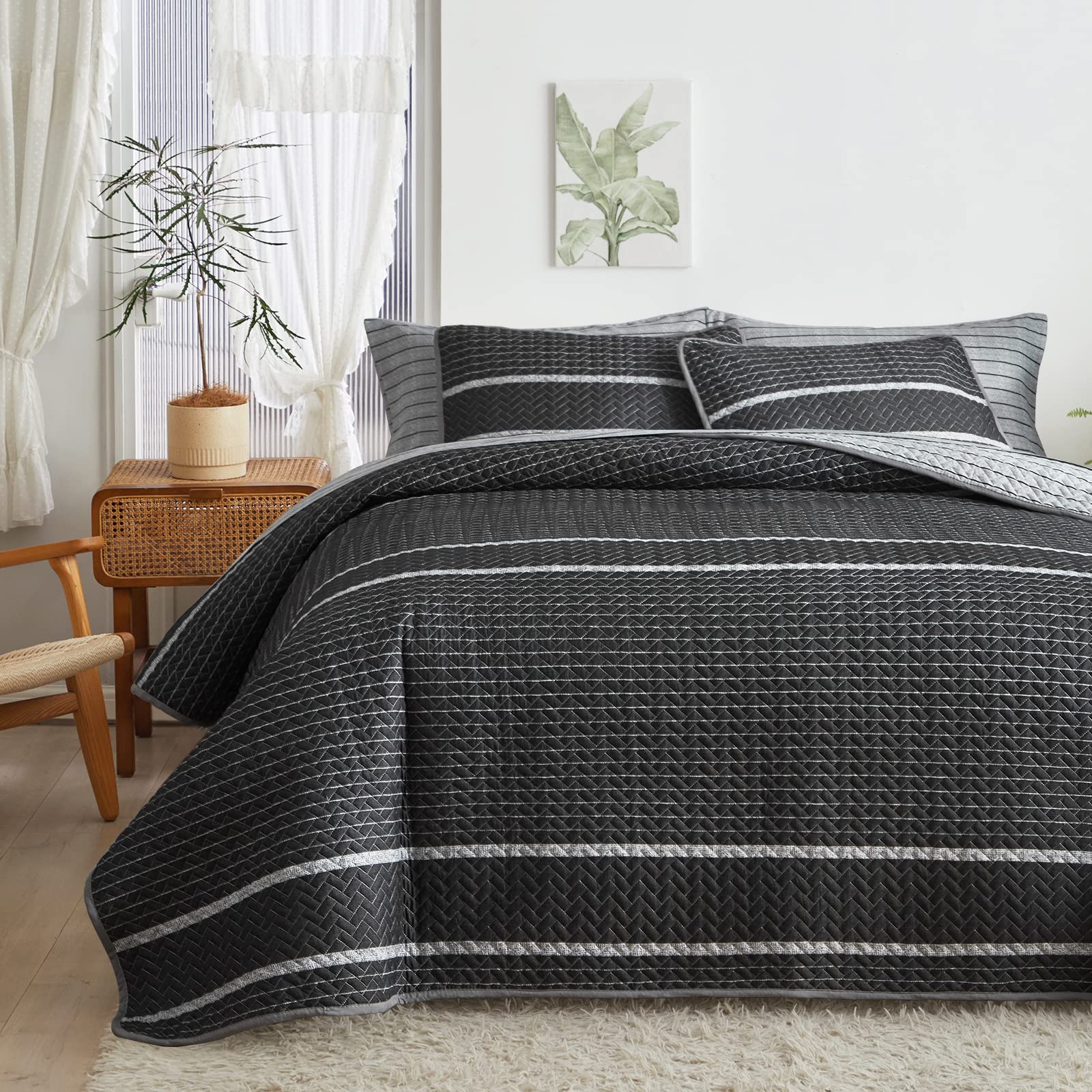 Flysheep Dark Grey Boho Quilt Set Full Queen Size, 3 Pcs White Striped on Gray R