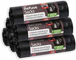 Kordis 120 Tie Handle Black Bin Bags, Heavy Duty Large Refuse Sacks 80L