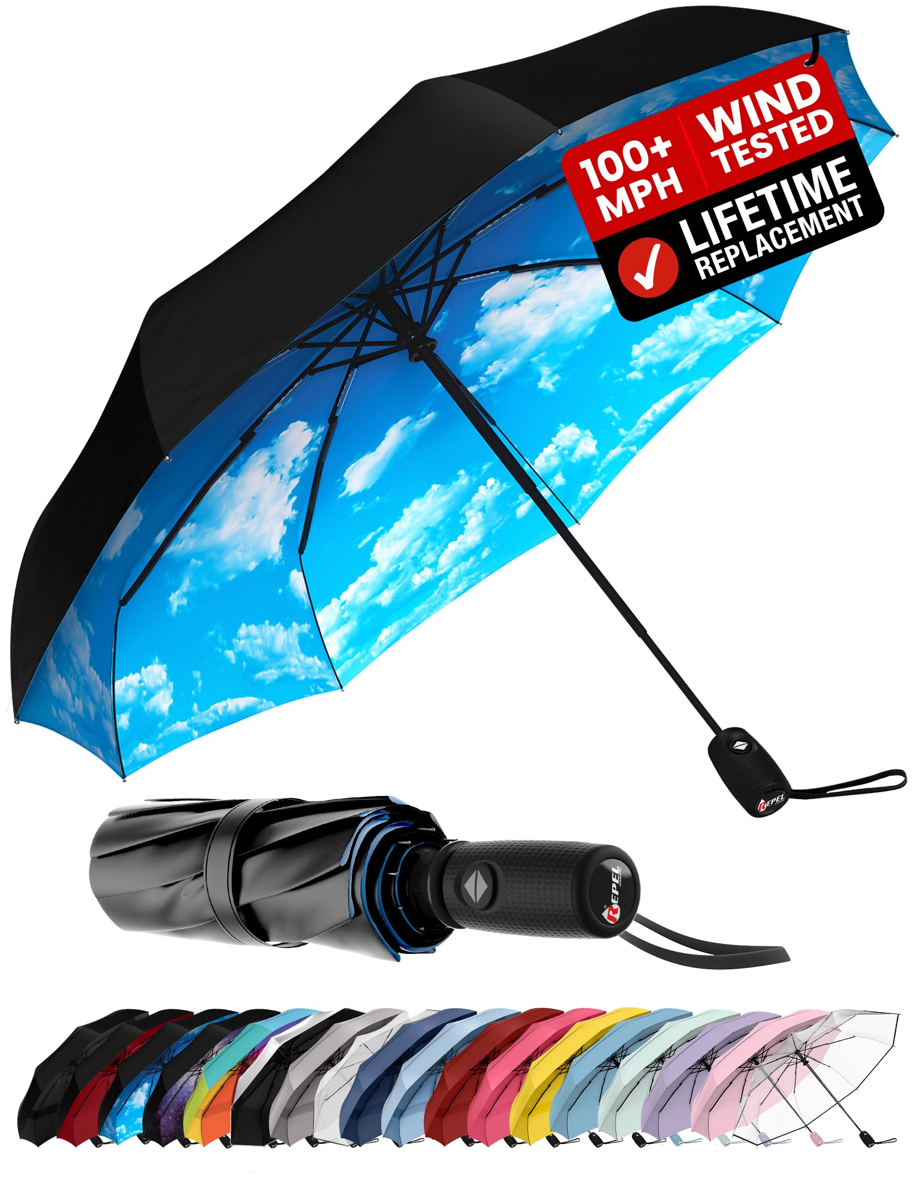 Repel Windproof Travel Umbrella - Compact & Withstands Winds up to 100MPH, Stron