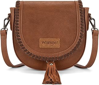 Wrangler Crossbody Bag Flap Saddle Bag Small Boho Purses for Women Embossed Braid Handbags with Tessel