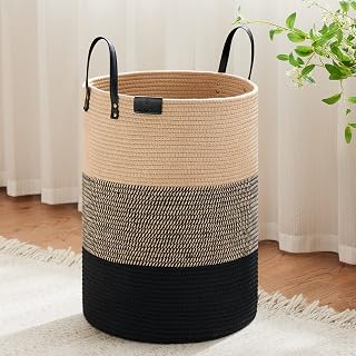 VIPOSCO Tall Laundry Basket, Large Dirty Laundry Basket with Leather Handle, Woven Rope Storage Basket for Blanket, Toy in Living Room, Bathroom, Bedroom-72L Brown & Black