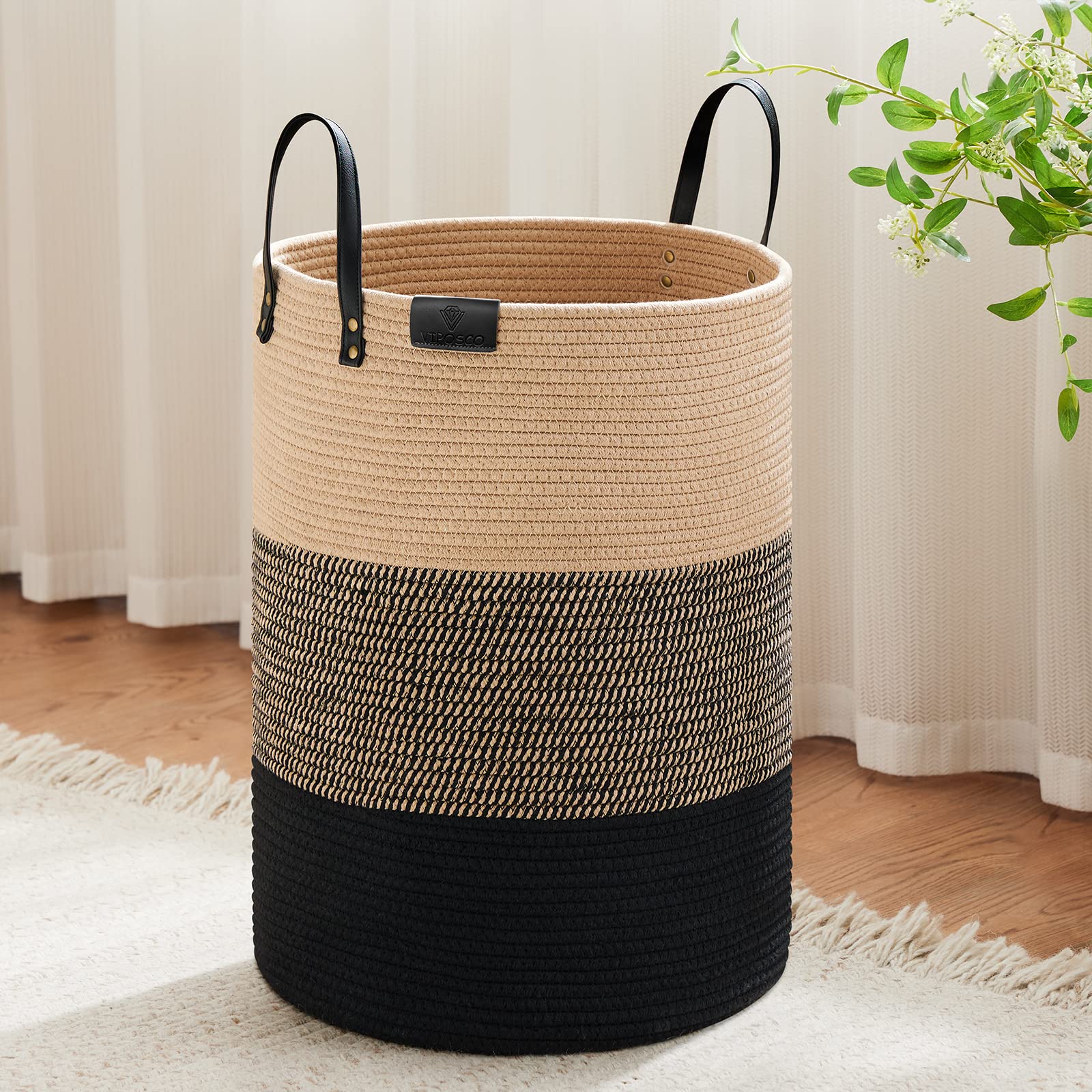VIPOSCO Tall Laundry Basket, Large Dirty Laundry Basket with Leather Handle, Wov