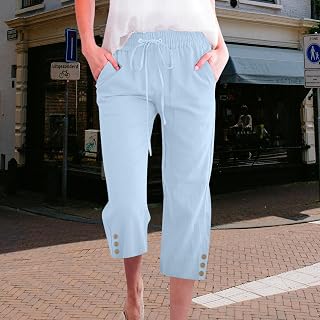 Pantalon capris d'été décontracté avec cordon de serrage à taille élastique pour femme - Pantalon léger avec boutons et poches