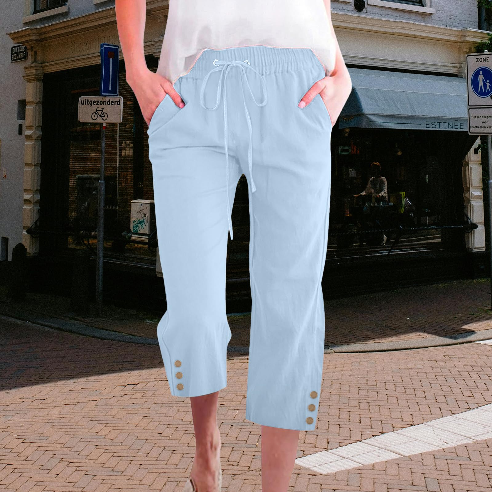 Pantalon capris d'été décontracté avec cordon de serrage à taille élastique pour