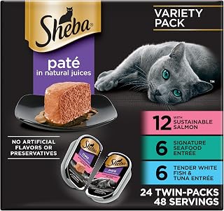 Sheba Perfect Portions Pate Wet Cat Food, Seafood Variety, 2.6 oz, 24 ct | Salmon, Seafood & Whitefish and Tuna, grain-free, protein-rich, no fillers/artificial flavors, 48 servings, twin-pack trays