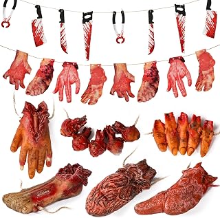 Scary Halloween Decorations, Haunted House Props Decor 6Pcs Fake Body Parts | Hanging Severed Hands, Creepy Bloody Carnival Vampire Zombie Party, 6pcs Fake Body Parts, 16pcs Weapon Cutouts Banner