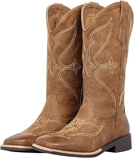 SheSole Women's Square Toe Mid-Calf Western Cowgirl Boots with Cutout & Stitched Embroidery, Chunky Block Heel Fashion Cowboy Boots for Concert Daily