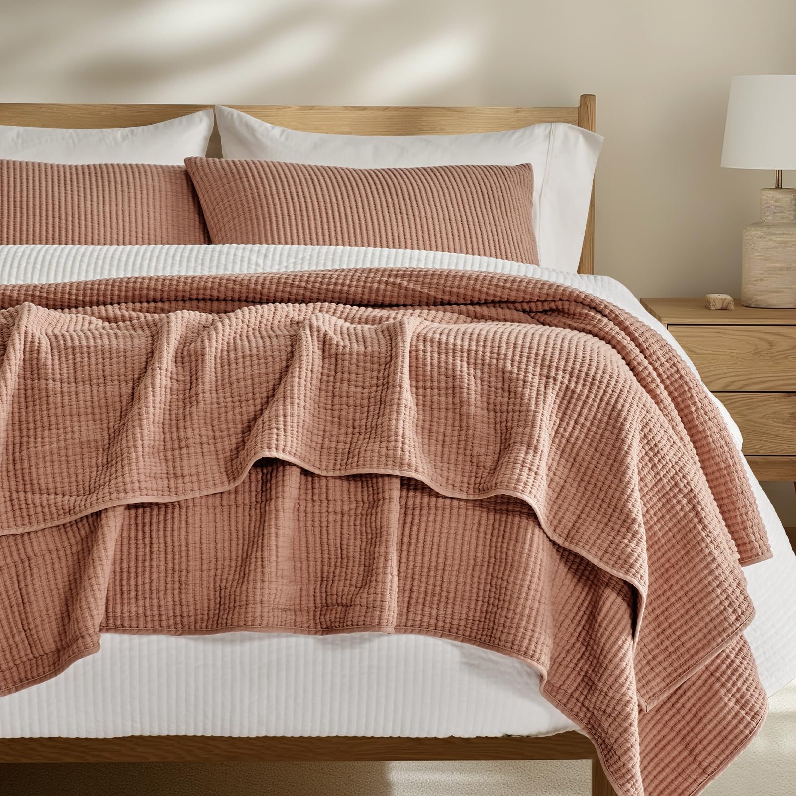 EverGrace Cotton Ribbed Matelassé Coverlet Set, King Size, Clay | Soft Lightweig